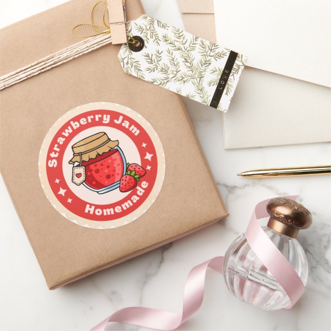 Red and Beige Illustrated Homemade Strawberry Jam  Classic Round Sticker (Gifting)