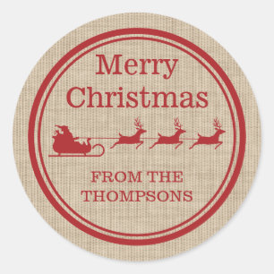 Red And Beige Santa Sleigh Christmas & Custom Text Classic Round Sticker