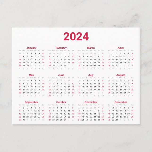 Red and Black 2024 Year At Glance Calendar Postcard (Front)