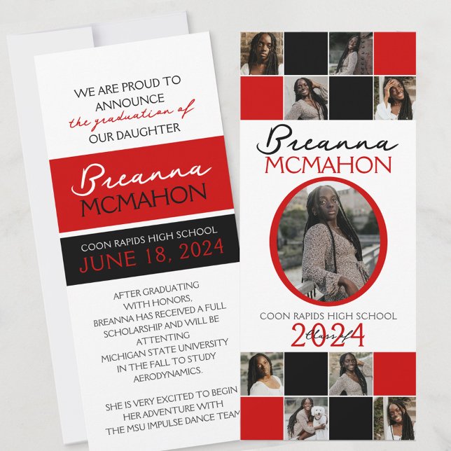 Red and Black 9 Photo Graduation Announcement (9 Photo Graduation Announcement in White, Black and Red Elegant, formal & classy!)