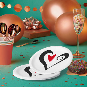 Red and Black Abstract Heart Modern Romantic Paper Plate