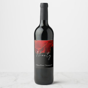 Red and Black Alcohol Ink 90th Birthday Party Wine Label
