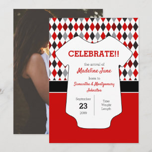 Red and Black Argyle Pattern Baby Photo Announcement