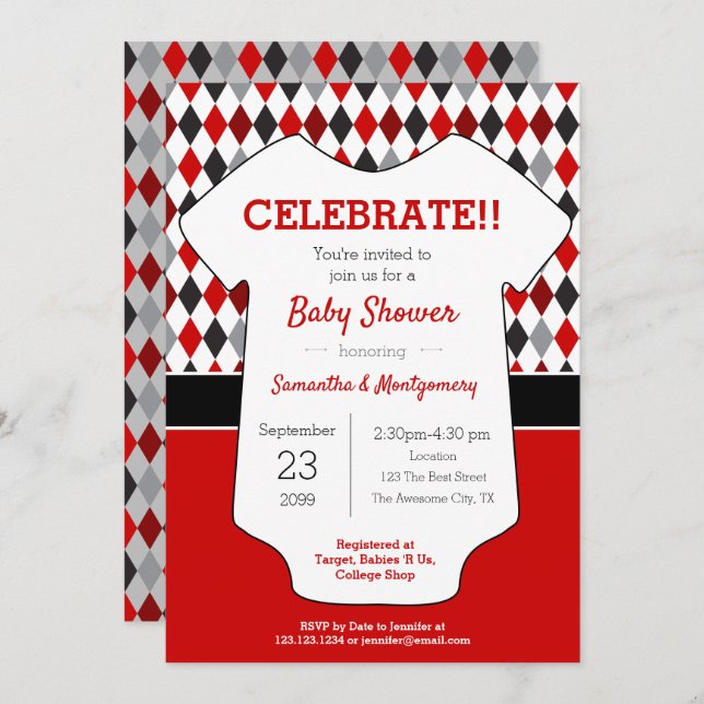 Red and Black Argyle Patterned Baby Shower Invitation (Front/Back)