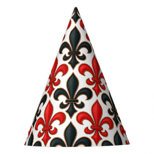 Red and Black Baroque Fleur-de-lis Pattern Design Party Hat