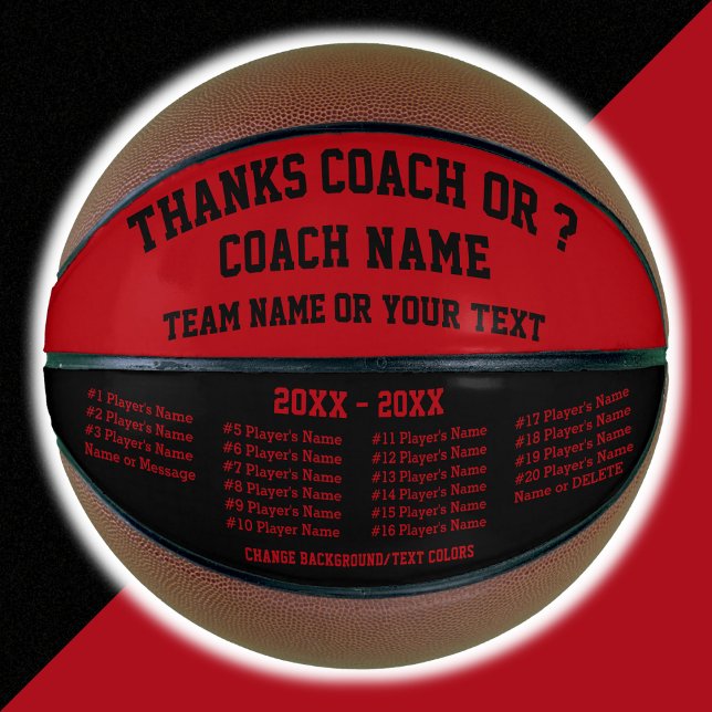 Red and Black Basketball for Coach, CHANGE COLORS (Personalized Basketball Ball. Black and Red, Custom Basketball. Good gifts for basketball coach.)