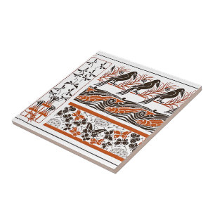 red and black Birds fish Butterfly art pattern Tile
