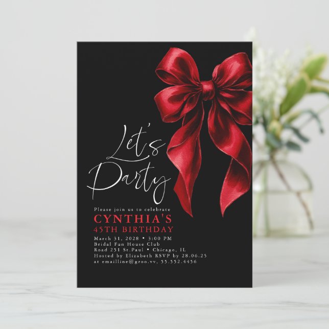 Red and Black Bow Luxury Elegant Gala Birthday Invitation (Standing Front)