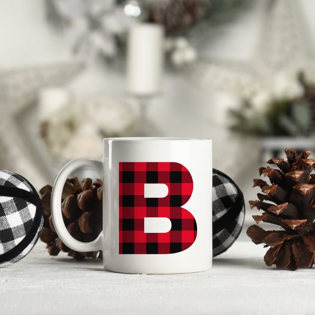 Red and Black Buffalo Check Bold Letter B Monogram Coffee Mug (Letter B Monogram)