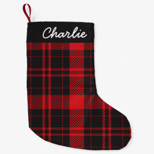 Red and Black Buffalo Check Custom Text Small Christmas Stocking