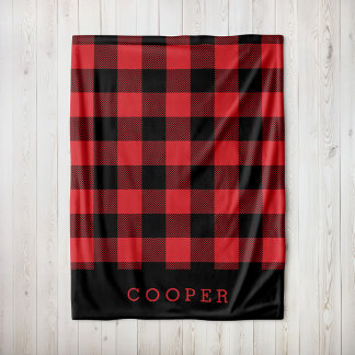 Red and Black Buffalo Check Monogram Fleece Blanket