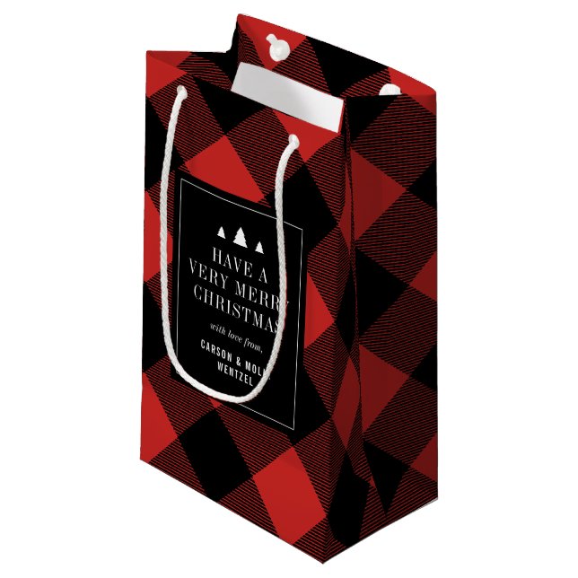 Red and Black Buffalo Check Plaid Personalised Small Gift Bag (Front Angled)