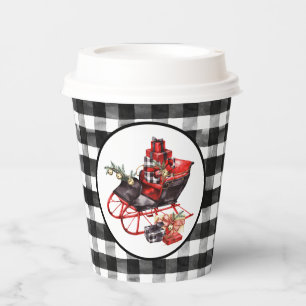 Red and Black Buffalo Check Sleigh and Packages Paper Cups