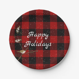 Red and black buffalo Happy Holidays in snow Paper Plate