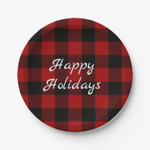 Red and black buffalo Happy Holidays Paper Plate