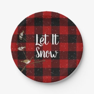 Red and black buffalo Let It Snow snowflakes Paper Plate