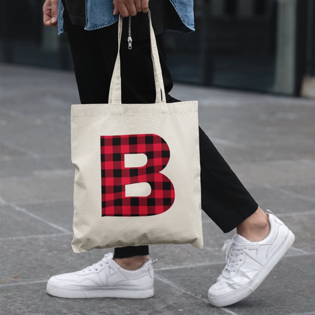 Red and Black Buffalo Plaid Bold Letter B Monogram Tote Bag (Red and Black Buffalo Plaid Bold Letter B Monogram Tote Bag)