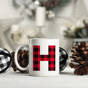 Red and Black Buffalo Plaid Bold Letter H Monogram Coffee Mug
