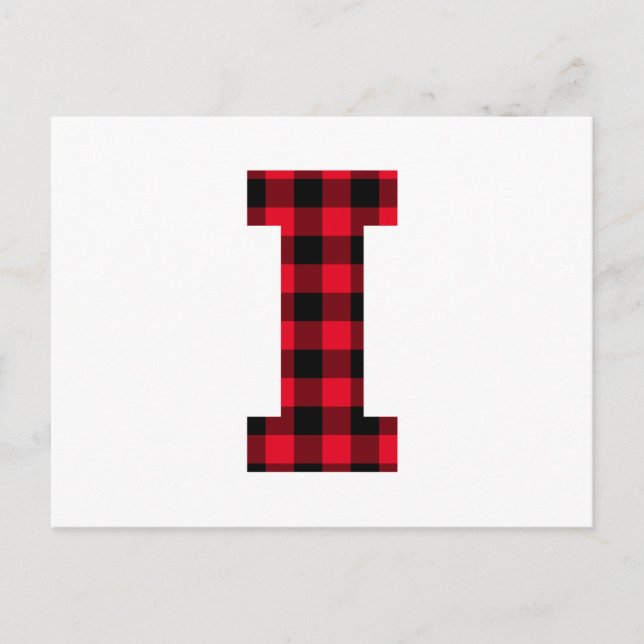 Red and Black Buffalo Plaid Bold Letter I Monogram Postcard (Front)
