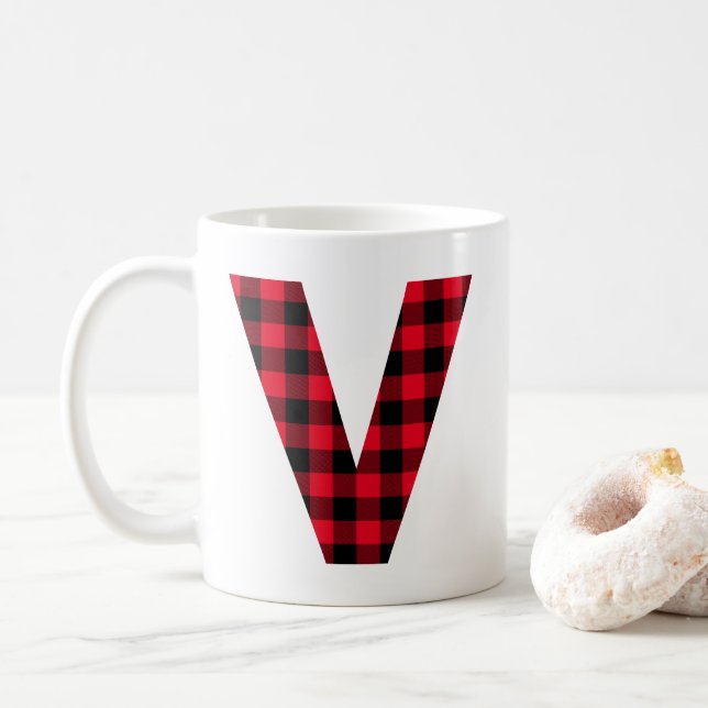 Red and Black Buffalo Plaid Bold Letter V Monogram Coffee Mug (With Donut)