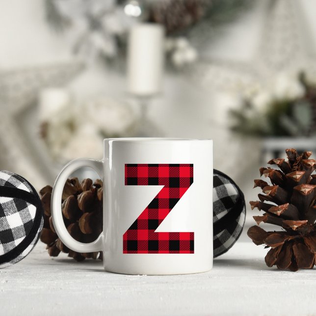 Red and Black Buffalo Plaid Bold Letter Z Monogram Coffee Mug (Letter Z Monogram Christmas Coffee Cup)