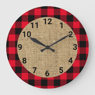 Red and Black Buffalo Plaid Burlap Circle Large Clock