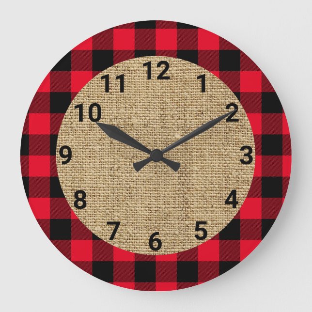 Red and Black Buffalo Plaid Burlap Circle Large Clock (Front)