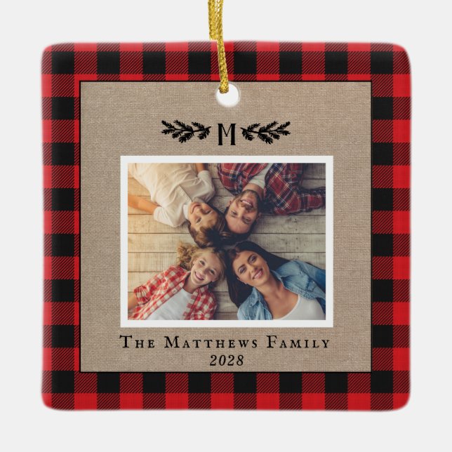 Red and Black Buffalo Plaid Burlap Monogram Photo  Ceramic Ornament (Front)
