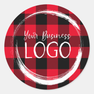 Red and Black Buffalo Plaid Business Logo Classic Round Sticker
