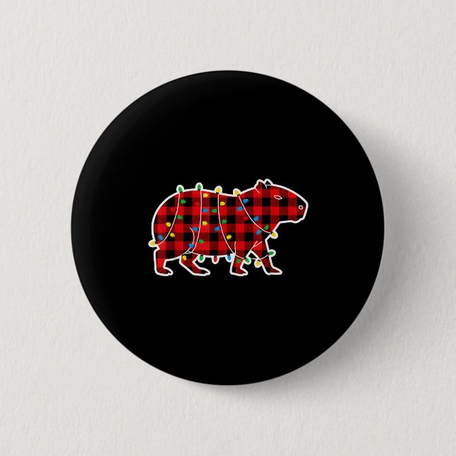 Red And Black Buffalo Plaid Capybara Christmas Lig 6 Cm Round Badge (Front)