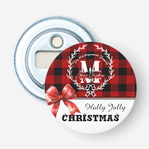 Red and Black Buffalo Plaid Check Watercolor Bow Bottle Opener