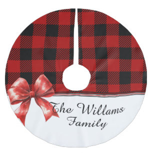 Red and Black Buffalo Plaid Check Watercolor Bow Brushed Polyester Tree Skirt
