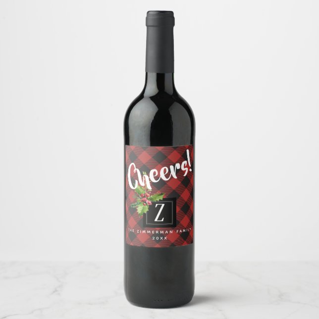 Red and Black Buffalo Plaid  Christmas Monogram Wine Label (Front)