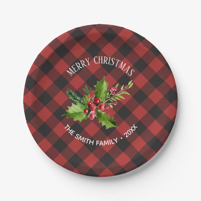 Red and Black Buffalo Plaid  Christmas Paper Plate (Front)