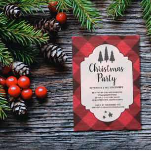 Red and Black Buffalo Plaid Christmas Party Invite Postcard