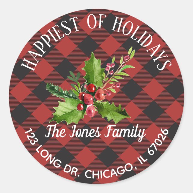 Red and Black Buffalo Plaid Classic Round Sticker (Front)