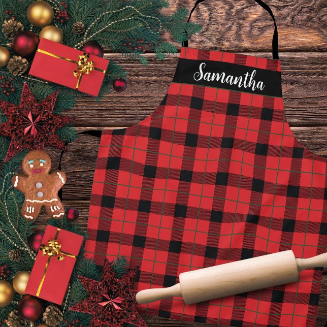 Red and Black Buffalo Plaid Custom Apron (Red and Black Buffalo Plaid Custom Apron - Perfect for Christmas Baking - Just add your name!)