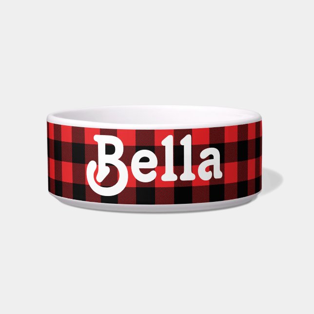 Red and Black Buffalo Plaid Custom Dog Food Bowl (Front)