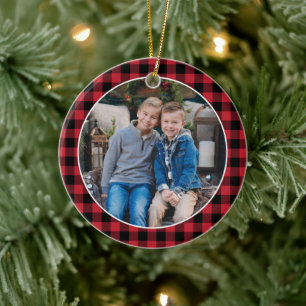 Red and Black Buffalo Plaid Custom Holiday Photo Ceramic Tree Decoration