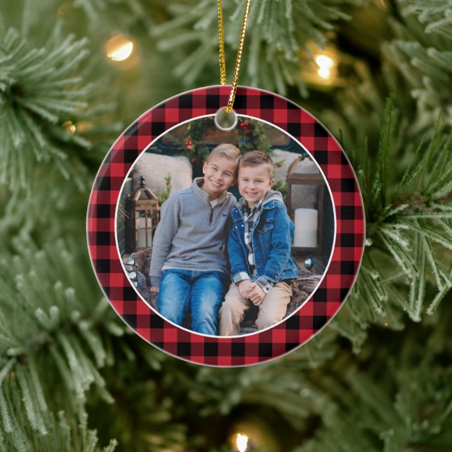 Red and Black Buffalo Plaid Custom Holiday Photo Ceramic Tree Decoration (Tree)