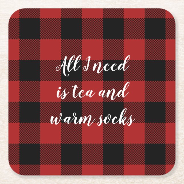 Red and Black Buffalo Plaid Custom Saying Square Paper Coaster (Front)