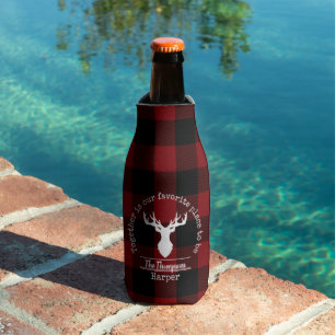Red and Black Buffalo Plaid Deer Family Name Bottle Cooler