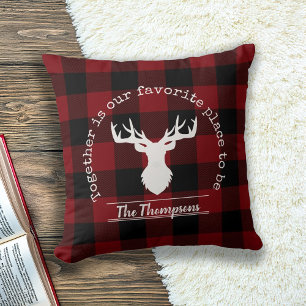 Red and Black Buffalo Plaid Deer Family Name Cushion