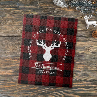 Red and Black Buffalo Plaid Deer Family Name Jigsaw Puzzle