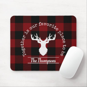 Red and Black Buffalo Plaid Deer Family Name Mouse Pad