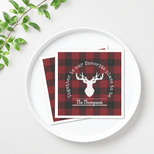 Red and Black Buffalo Plaid Deer Family Name Napkin