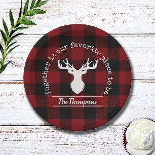 Red and Black Buffalo Plaid Deer Family Name Paper Plate