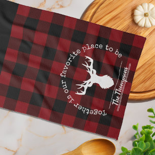 Red and Black Buffalo Plaid Deer Family Name Tea Towel