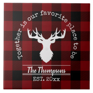 Red and Black Buffalo Plaid Deer Family Name Tile