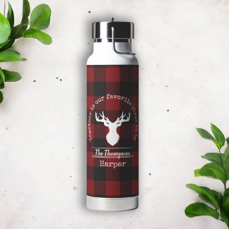 Red and Black Buffalo Plaid Deer Family Name Water Bottle
